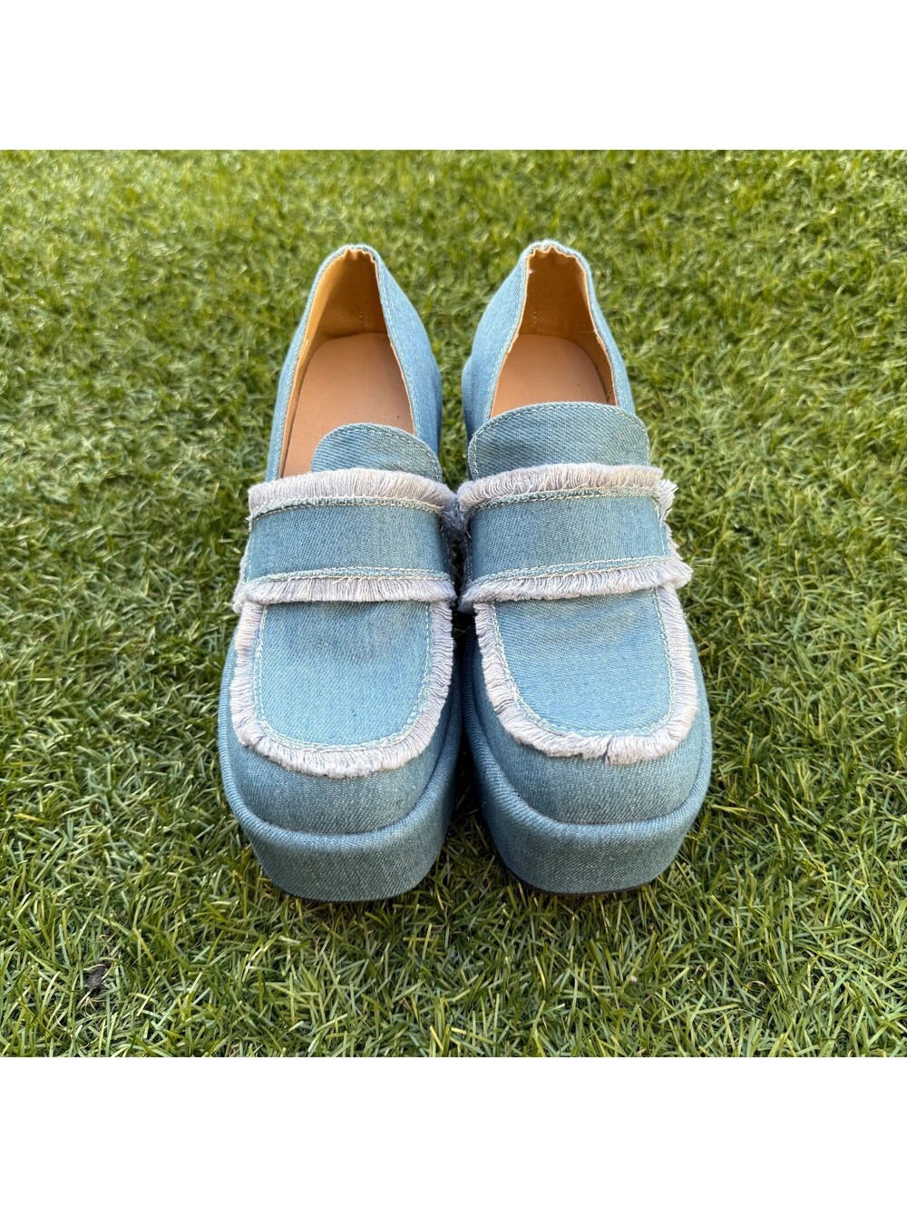 SHEIN Denim Platform Wedge Loafers Light Wash